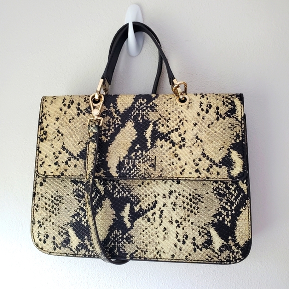 Furla Top Handle Leather Evening Bag Crossbody Purse Snakeskin Print - Picture 2 of 14